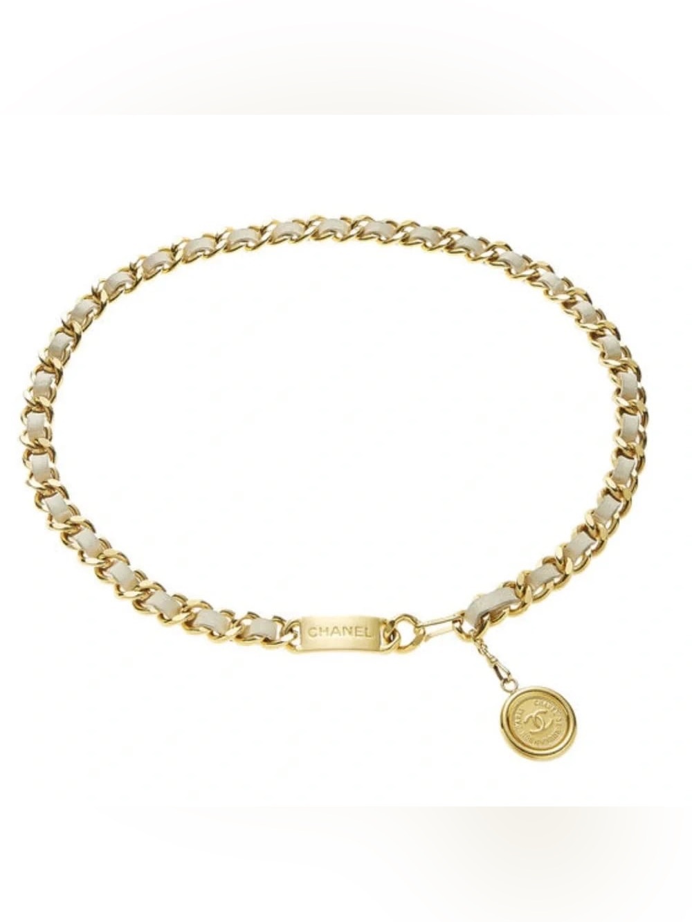 Authentic CHANEL vintage beige leather chain medallion belt 75cm - Picture 2 of 12